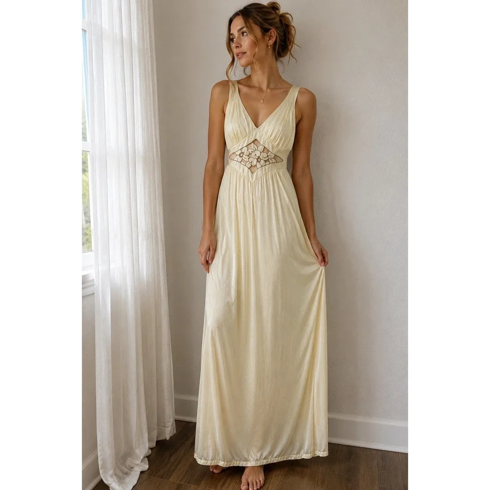 VTG 70s Avian Nightgown Maxi Dress Womens L Beige Embroidered Cutout Nylon